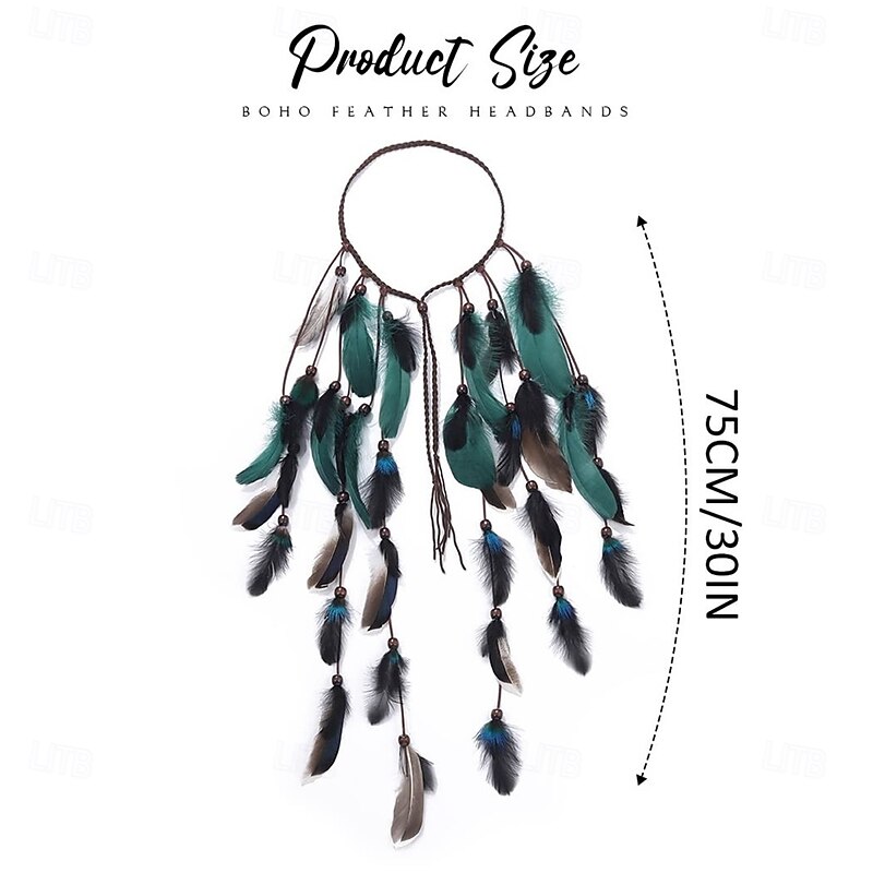 Boho Feather Headband Gypsy Headpiece Headdress Bohemian Hippie Headbands Indian Festival Hair Band Adjust Long Feather Hair Accessories for Women and Girls Black Green4