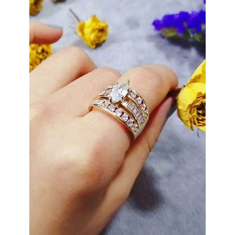 Women's Gold Plated Marquise Cut Crystal Ring – Elegant Statement Jewelry for Weddings, Engagements and Evening Parties3