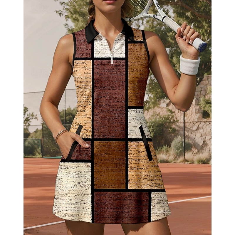 Women's Plaid / Check Tennis Dress Sports Dress Sleeveless Print Breathable Tennis Golf Badminton Polo Collar Zip Collar Dress Brown Tennis Clothing