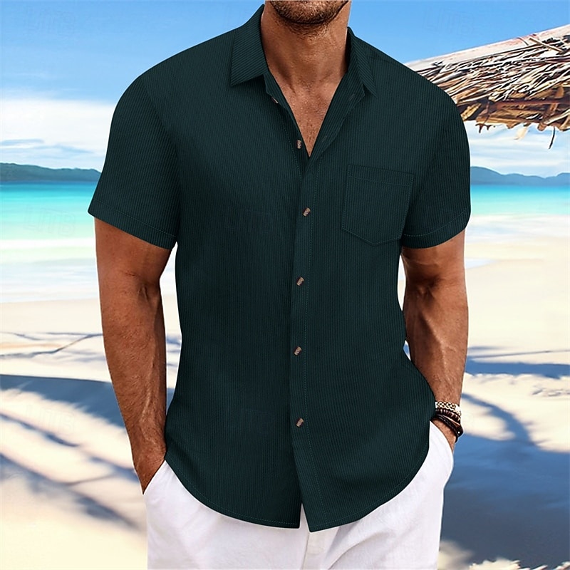 Men's Shirt Summer Shirt Casual Shirt Beach Shirt Button Up Shirt Black Navy Blue Blue Dark Green Brown Short Sleeve Plain Lapel Vacation Hawaiian Jacquard Clothing Apparel Polyester Fashion Casual2