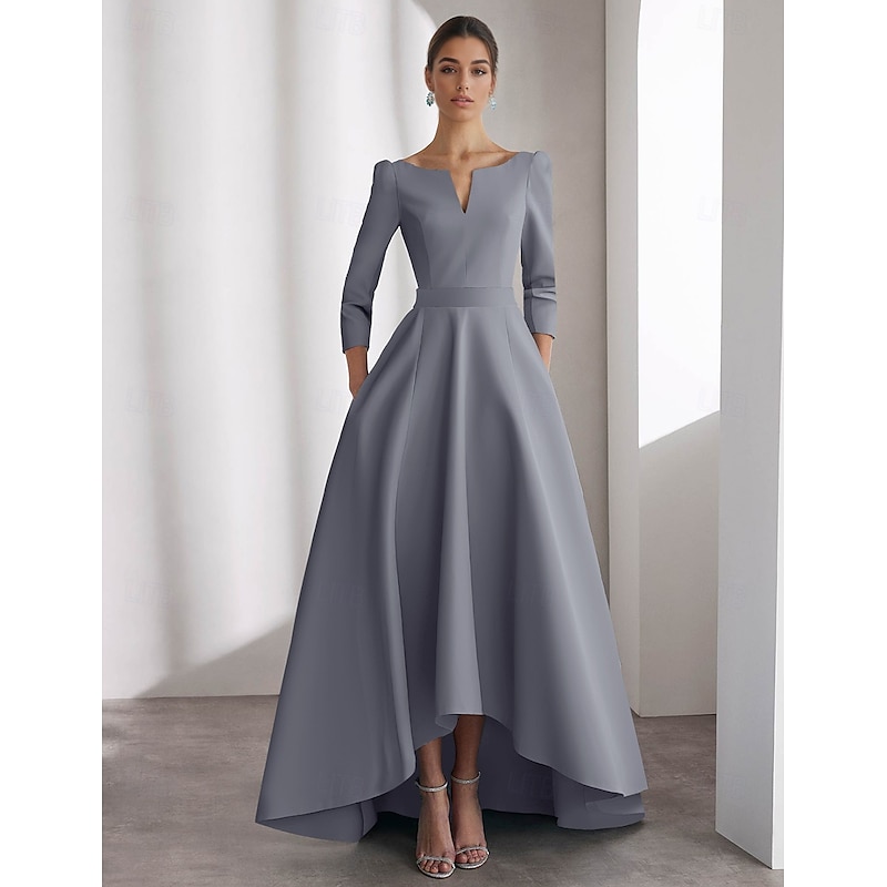 A-Line Cocktail Dresses Elegant Dress Formal Wedding Asymmetrical Long Sleeve V Neck Satin with Pocket