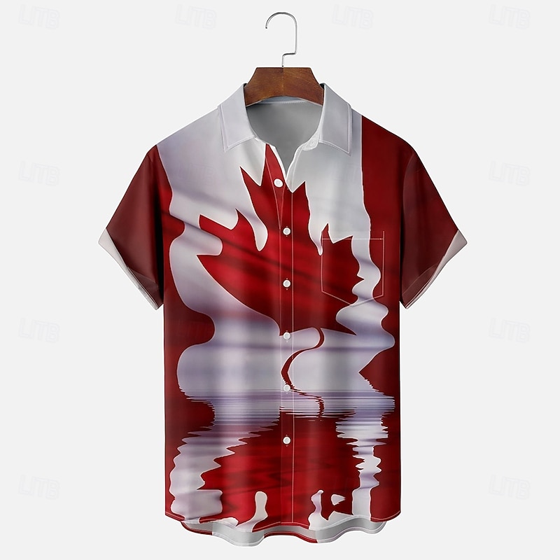 Canada Day Men's Canada Maple Leaf Shirt Summer Shirt Button Up Shirt Short Sleeve Fashion Casual Holiday Summer Spring Turndown 3D Print Collared Shirts Front One Pocket Wine