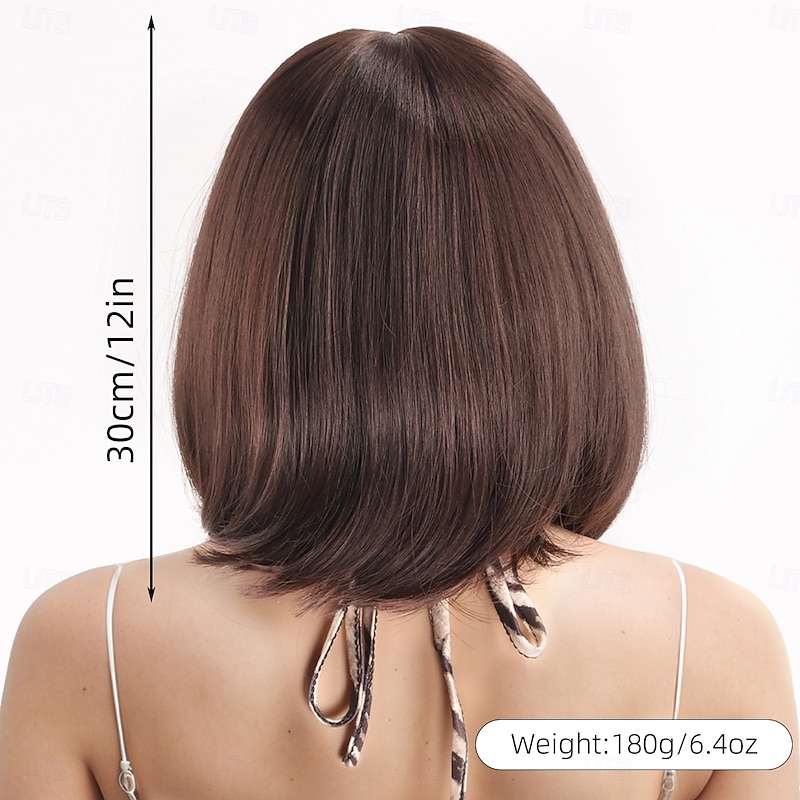 Synthetic Wig kinky Straight Yaki Straight Asymmetrical Neat Bang Machine Made Wig 12 inch A1 Synthetic Hair Women's Comfortable Color Gradient Highlighted / Balayage Hair Brown2