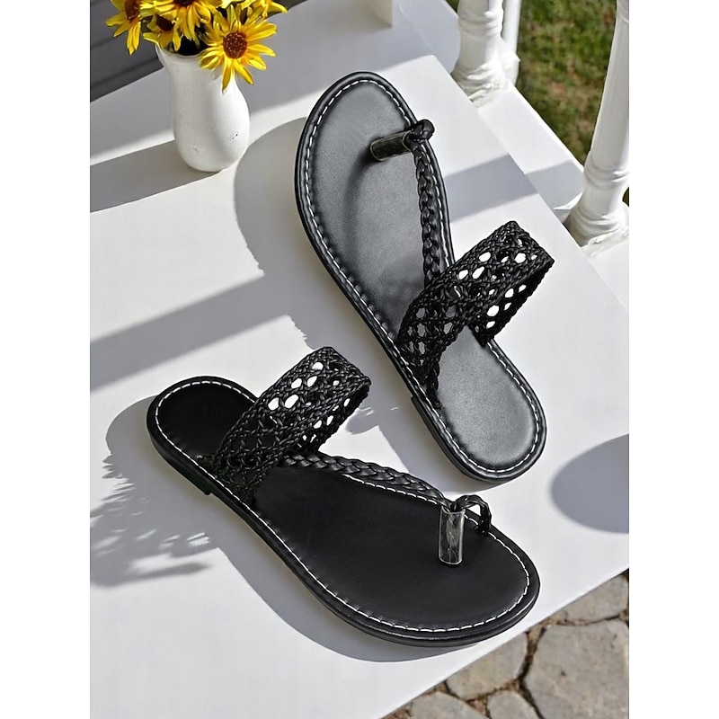 Women's Black Braided Flat Sandals with Adjustable Strap, Comfortable and Stylish for Casual Summer Wear, Beach and Outdoor Activities4