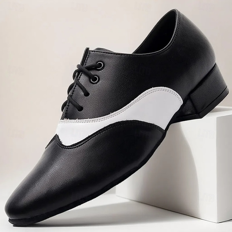 Men's Black White Faux Leather Lace-Up Ballroom Dance Shoes with Split Sole Classic Oxford Style for Adults Ideal for Latin Salsa Waltz Tango Stage Performance Practice Ballroom Events