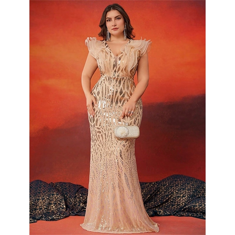 Mermaid / Trumpet Plus Size Dresses Elegant Curve Dress Formal Wedding Floor Length Sleeveless V Neck Sequined with Sequin2