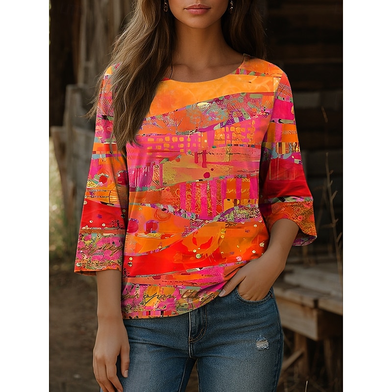 Women's Blouse Long Sleeve Graphic Abstract Bohemia Vintage Ethnic 3/4 Length Sleeve Crew Neck Regular Tops Daily Vacation Wear Print Blue Purple Orange Summer Spring