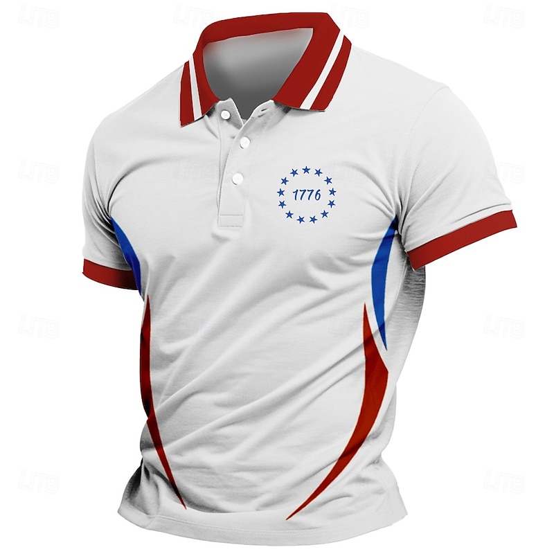 Independence Day Men's American Flag Polo Short Sleeves Polo Collar Casual Daily Athleisure Festival Buttons Summer Robin's Egg Blue Red2