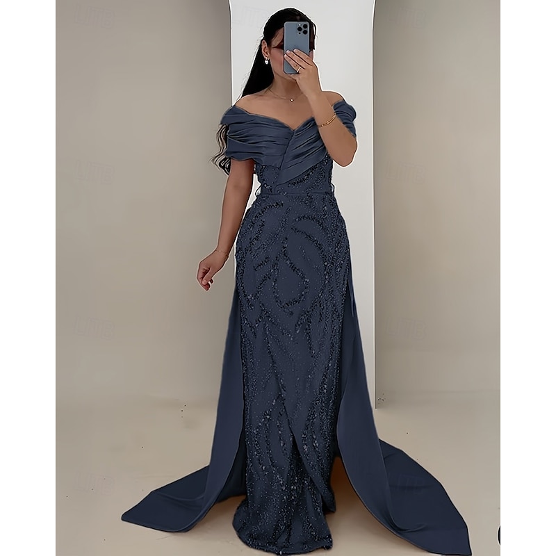 A-Line Evening Gown Elegant Dress Formal Wedding Floor Length Short Sleeve Off Shoulder Satin with Glitter Ruched Crystals4