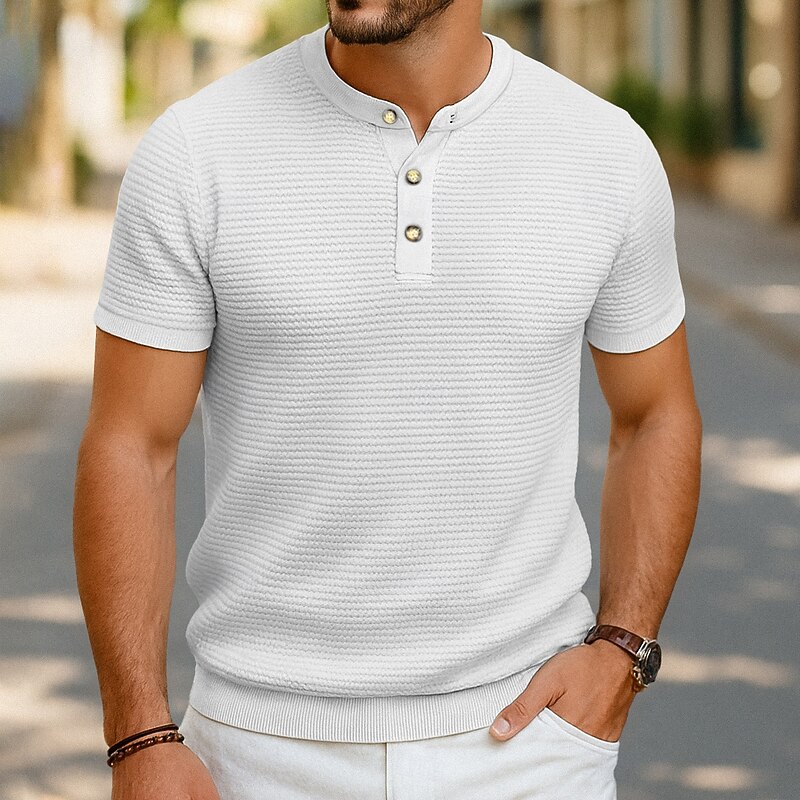 Men's Waffle Henley Shirt Tee Short Sleeve Solid Color Plain Fashion Designer Casual Buttons Color Block Henley Outdoor Casual Daily Summer All Seasons Black White Wine Henley T-Shirt