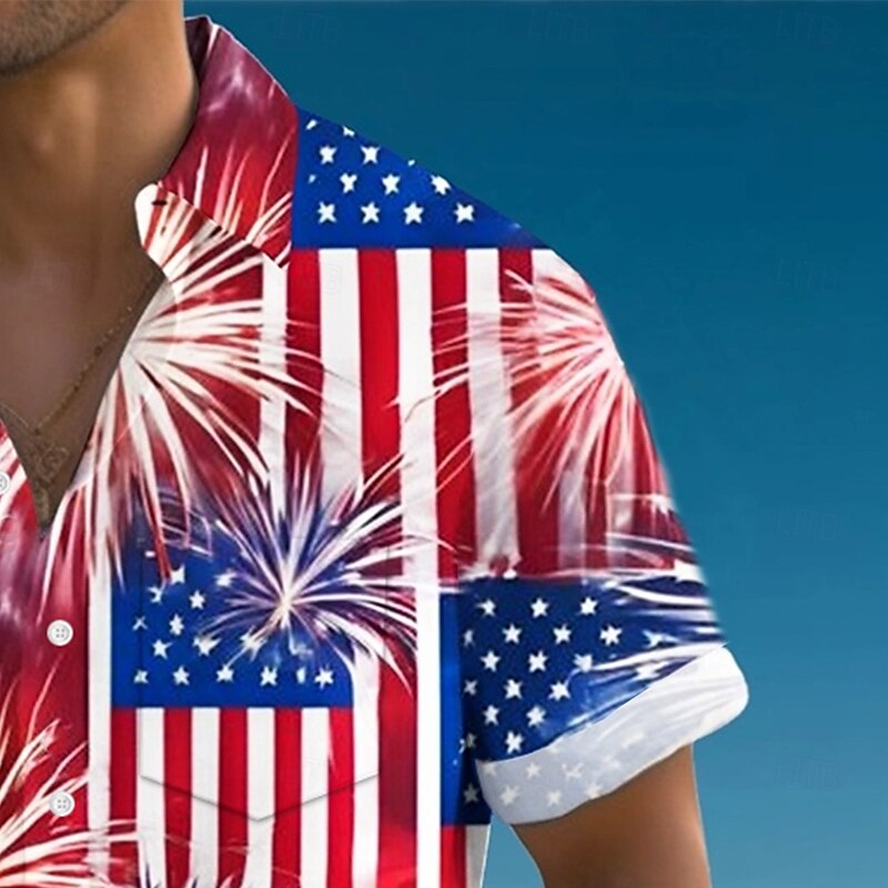Independence Day Men's American US Flag Patriotic Fireworks Shirt Summer Shirt Button Up Shirt Short Sleeve Fashion Casual Holiday Summer Spring Turndown 3D Print Collared Shirts Front One Pocket Red4