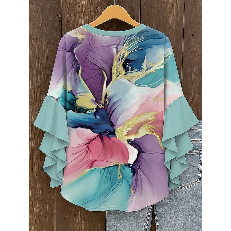 Women's Blouse V Neck Layered Ruffle Sleeve Tops Ombre Graphic Abstract Bohemia Vintage Daily 3/4 Length Sleeve Regular Tops Daily Holiday Vacation Wear Print Pink Blue Green Summer Spring Fall2