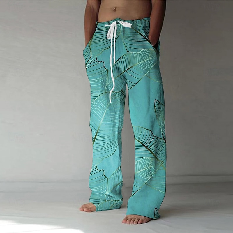 Men's Palm Leaf Tropical Plants Trousers Baggy Pants Casual Pants Mid Waist Hawaiian Casual Vacation Holiday Beach Wear Drawstring Elastic Waist Wide Leg Summer Spring 3D Print Blue Brown