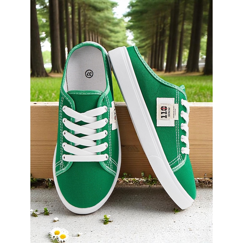 Women's Green Canvas Slip-On Sneakers with Lace-Up Design – Comfortable Backless Trainers, Ideal for Walking, Shopping, School Runs & Casual Summer Days4