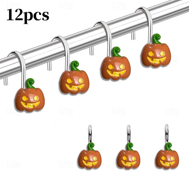 Halloween Shower Curtain Hooks for Halloween Bathroom Decor Rustproof Stainless Steel Shower Curtain Rings Hangers Set of 12, Witch Hat Pumpkin Bathroom Accessories Set2