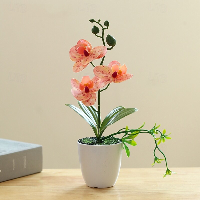Artificial Orchid Potted Flower Plant, Faux Phalaenopsis Flower Arrangement, Realistic Silk Orchid in Pot for Home Office Table Centerpiece Decor