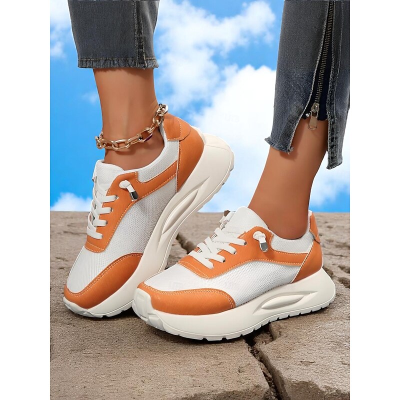 Women's Mesh Platform Sneakers with Contrast Color Panels – Breathable Sporty Walking Shoes for Errands and Travel