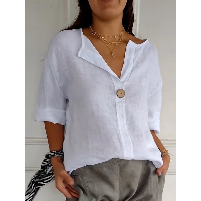Women's Cotton Linen Shirts Solid Color Daily Modern Long Sleeve V Neck Regular Tops Daily Holiday Buttons Black White Red Navy Blue Green Summer2