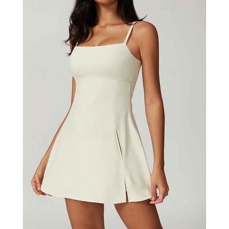 Women's Solid Colored Tennis Dress with Built in Shorts and Bra Sports Dress Sleeveless Split Breathable Tennis Golf Pickleball Spaghetti Strap Open Back Black Ivory Blue Tennis Clothing2