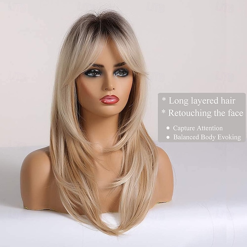 20 Inches Long Straight Blonde Layered Synthetic Hair Wigs for Women with Dark Roots for Daily Party Use2