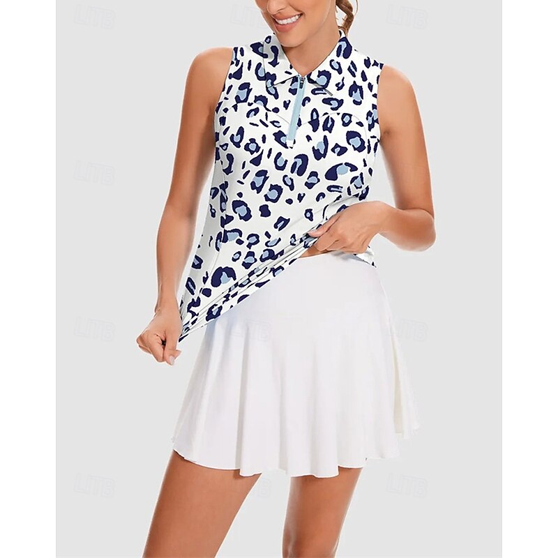 Women's Leopard Tennis Shirt Sleeveless Print UPF50+ Quick Dry Tennis Golf Badminton Zip Collar Tee Tshirt Top Blue Tennis Clothing3