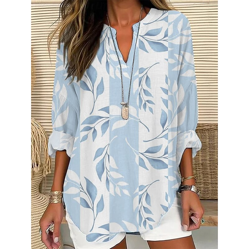Women's Blouse Tunic V Neck Long Sleeve Boho Casual Summer Tops Floral Graphic Daily Regular Tops Daily Print White Blue