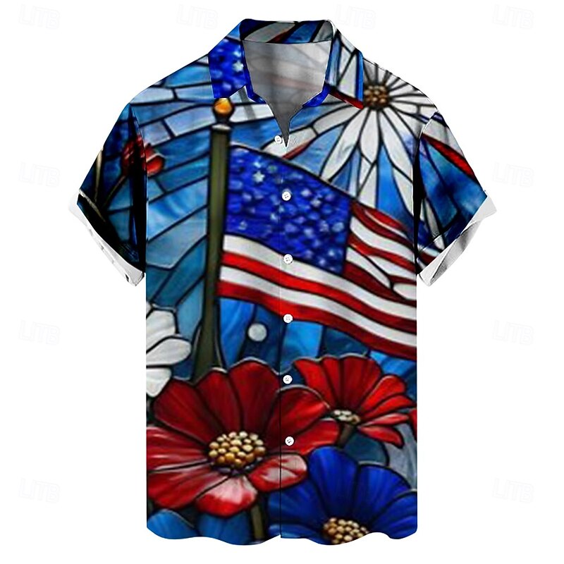 Independence Day Men's Floral Print US Flag Patriotic Shirt Summer Shirt Button Up Shirt Short Sleeve Fashion Casual Outdoor Holiday Summer Spring Turndown 3D Print Collared Shirts Red Blue2