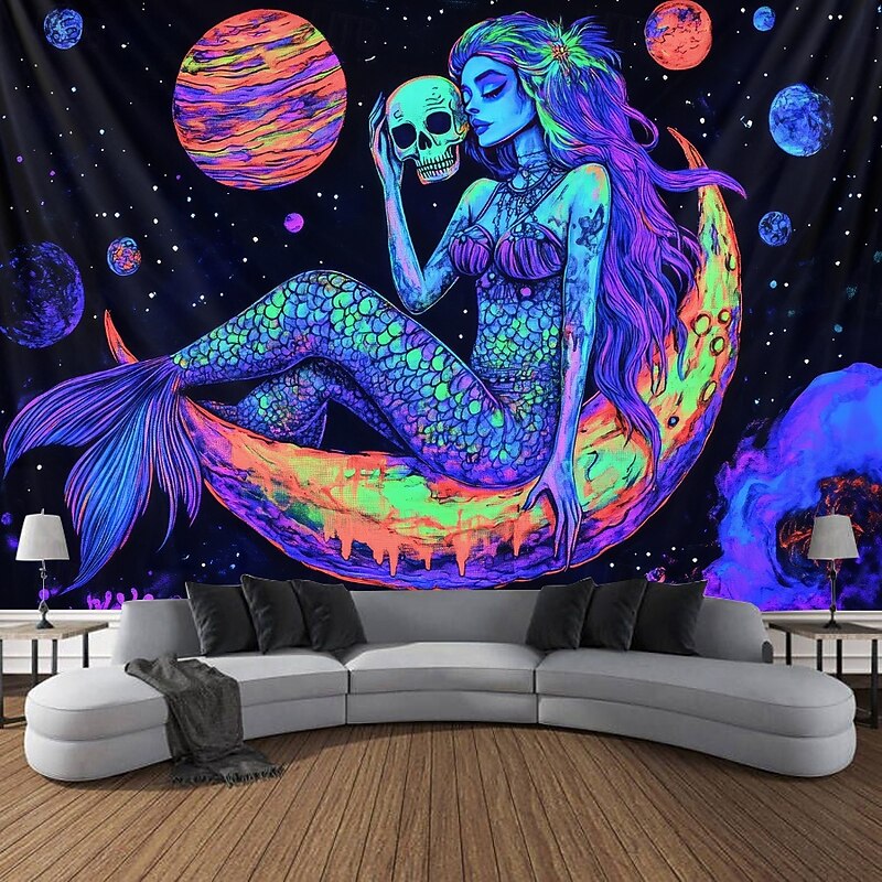 Halloween Blacklight Tapestry Glow in the Dark Glow Party UV Reactive Skull Snake Woman Creepy Trippy Misty Hanging Tapestry Wall Art Mural for Living Room Bedroom4