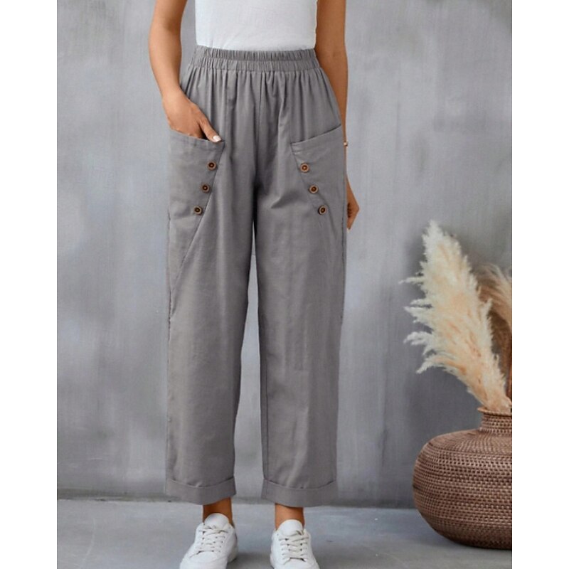 Women's Cotton Linen Pants Slacks Fashion Streetwear Full Length Natural Plain Pocket Elastic Waist Comfy Comfortable Going out Weekend Camel Black Pink Blue Summer Regular Fit2