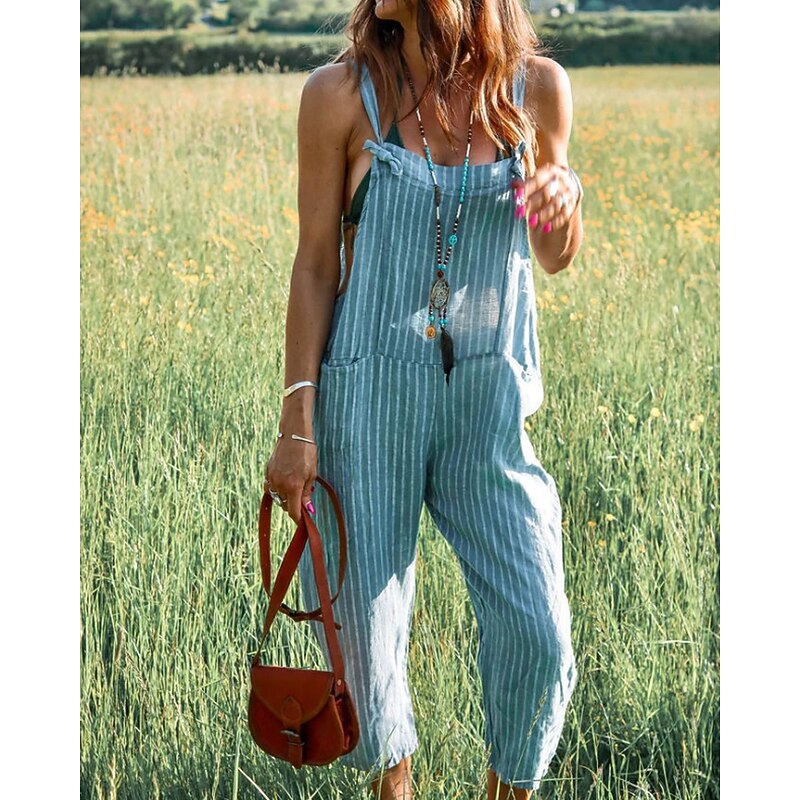 Women's Normal Jumpsuit Streetwear Striped Sleeveless U Neck Pocket Holiday Going out Regular Fit Gray Summer2