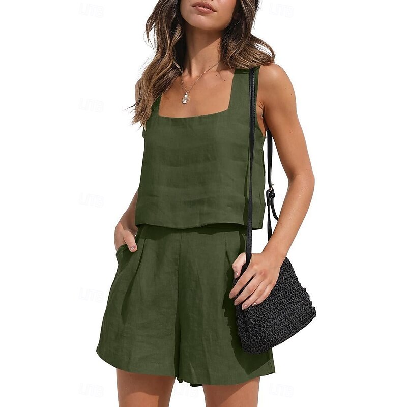 Women's Active Basic Cotton Linen Sets Sleeveless Square Neck Solid Color Casual Daily Black Pink Army Green Summer Regular Fit4