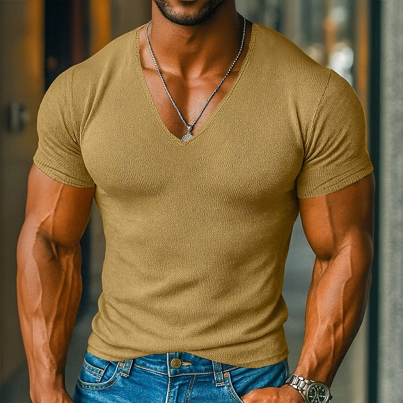 Men's T Shirt Knit Tee Tee Top Short Sleeve V Neck Summer Solid Color Fashion Designer Basic Knitted Vacation Street Casual Light Blue Yellow Beige Top Tee for Men