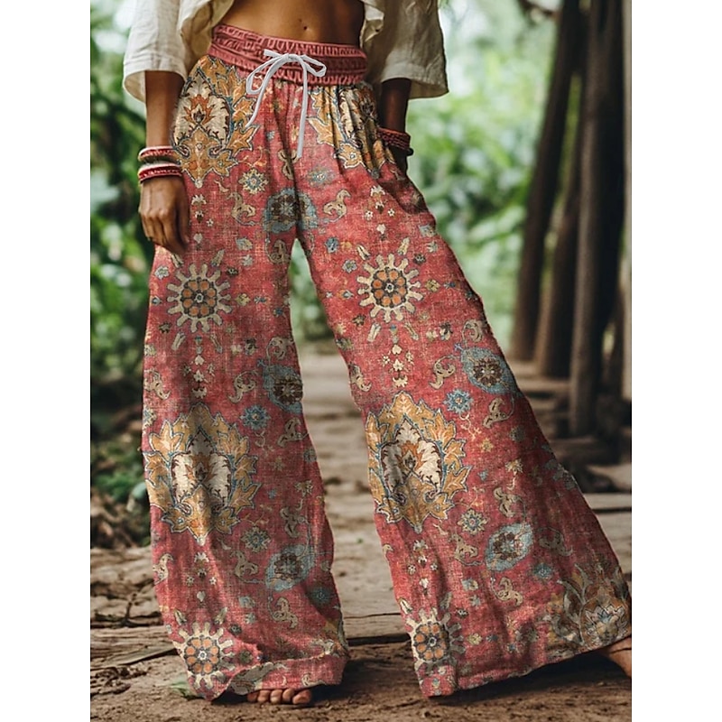 Women's Wide Leg Chinos Baggy Pants Vacation Vintage Ethnic Style Full Length High Waist Floral Graphic Printing Thermal Warm Soft Breathable Micro-elastic Vacation Street Causal claret Deep Green