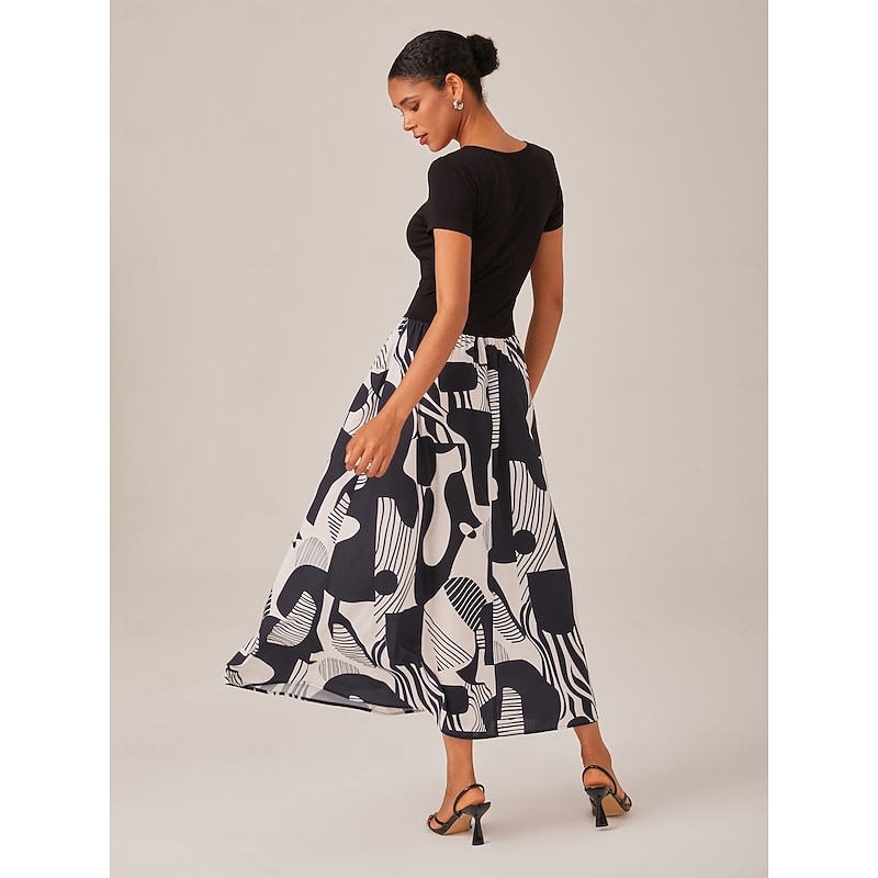 Women's Black and White Maxi Dress Knitted Patchwork Woven Geometric Abstract Print Elegant A Line Flowy Skirt Elastic Waist Casual Daily Wear4