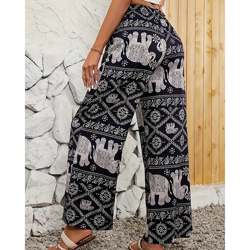 Women's Culottes Wide Leg Slacks Streetwear Boho Full Length Natural Flower Elastic Waist Printing Comfy Outdoor Outdoor Vacation Daily Black Summer Regular Fit4