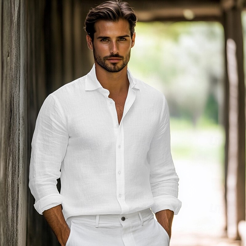 Men's Shirt Linen Shirt Classic Casual Beach Shirt Standard Fit Long Sleeve Lapel Solid Color Cotton Linen White Beige Grey2