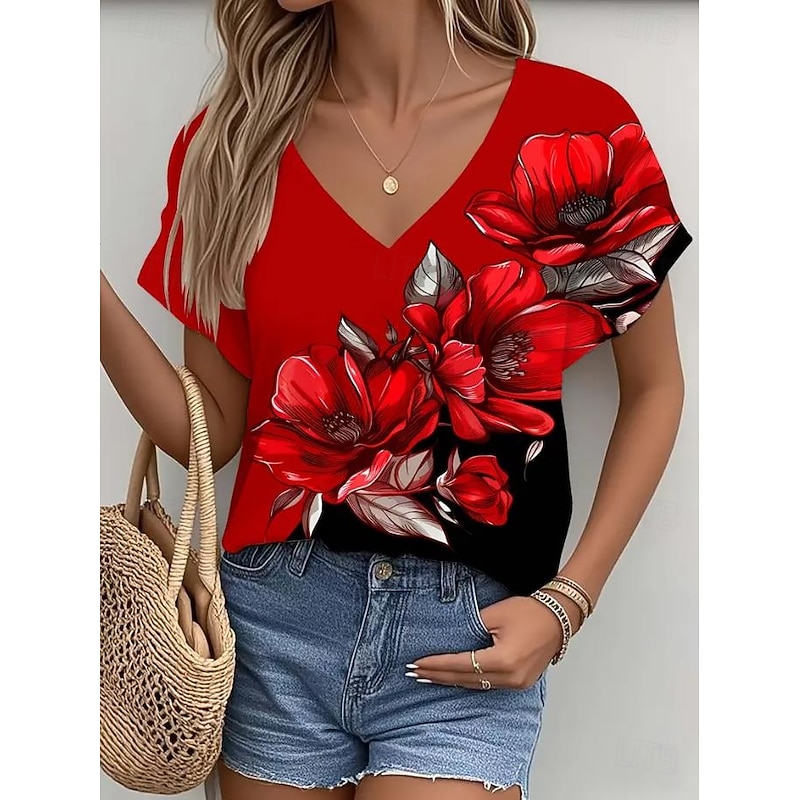 Women's T Shirt Ombre Graphic Plants Fashion Hawaiian Casual Long Sleeve V Neck Regular Tops Daily Going out Weekend Print Yellow Red Summer Spring2
