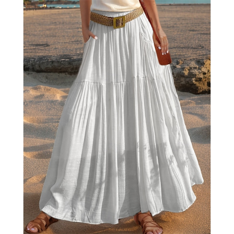 Women's Asian Size Swing Linen Skirts Casual Summer Midi High Waist Skirts Solid Colored Ruched Pleated Pocket Stretchy Vacation Daily Wine Watermelon Red Mustard green Orange color Spring, Fall2