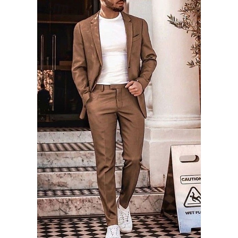 Men's Wedding Beach Linen Suits Notch Brown Beige Solid Colored Tailored Fit 2 Piece Single Breasted Two-buttons