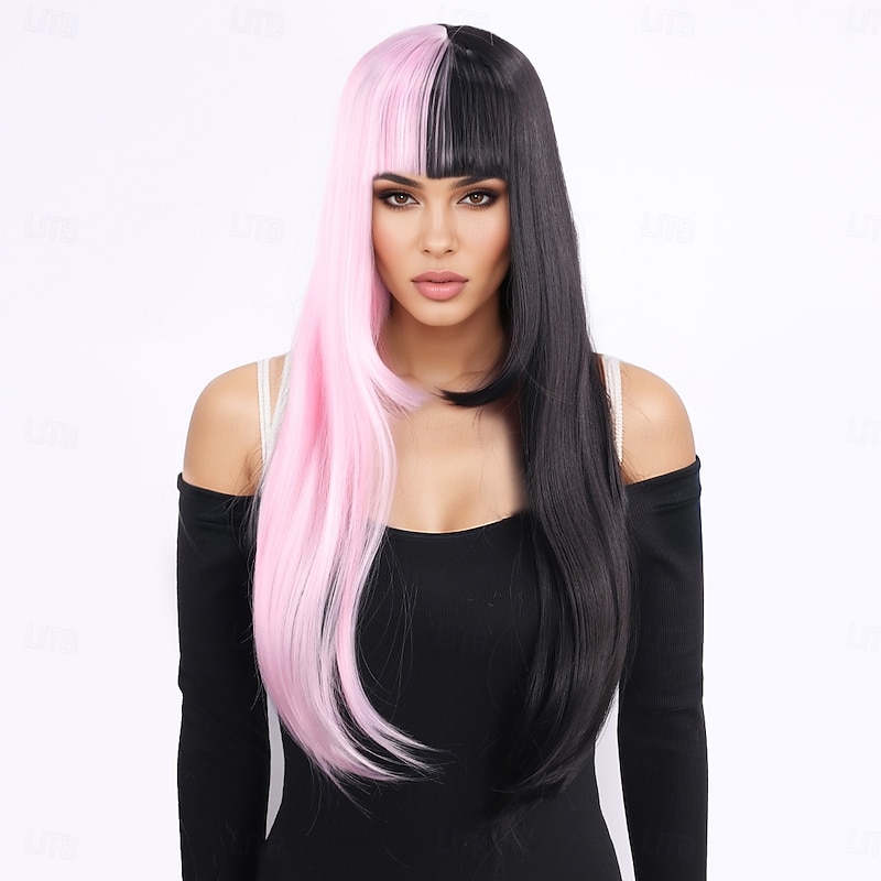 Synthetic Wig Curly Weave Natural Straight Layered Haircut With Bangs Machine Made Wig 26 inch A1 Synthetic Hair Women's Classic Comfortable Color Gradient Pink Black2