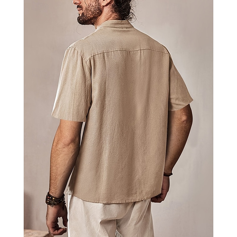 Men's Shirt Summer Shirt Casual Shirt Beach Shirt Black Apricot Short Sleeve Plain Band Collar Vacation Hawaiian Lace up Clothing Apparel Polyester Fashion Casual Comfortable3