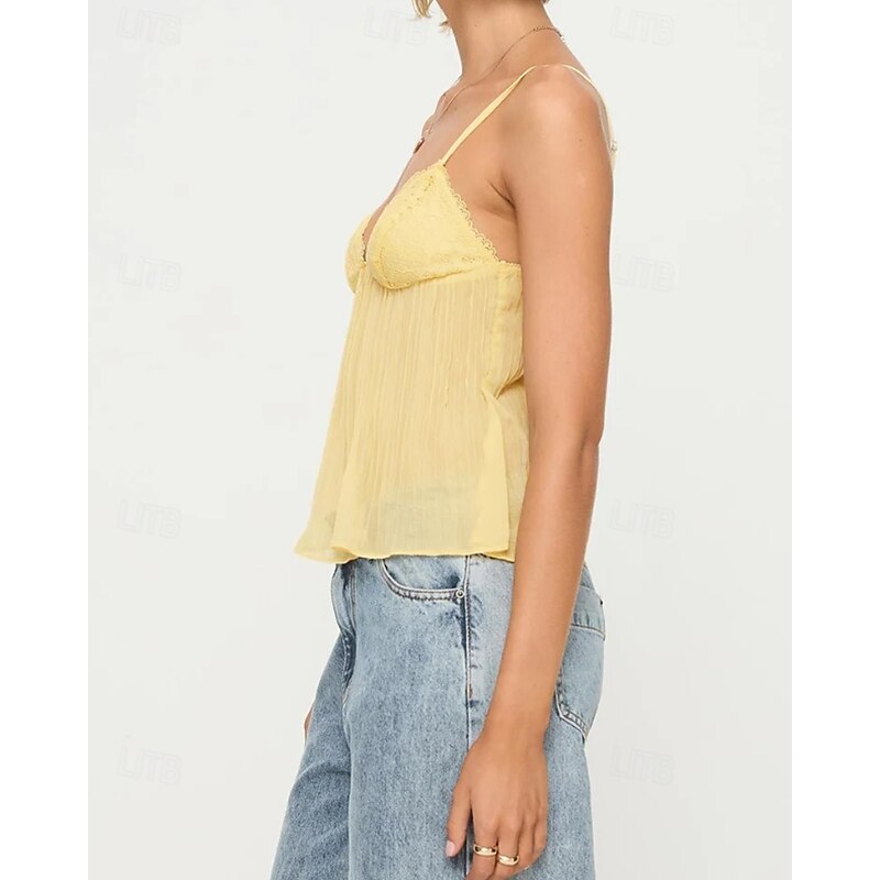 Women's Blouse Camisole Tank Top Plain Modern Casual Sleeveless Strap Regular Tops Daily Holiday Going out Lace Black White Yellow Pink Light Blue Summer4