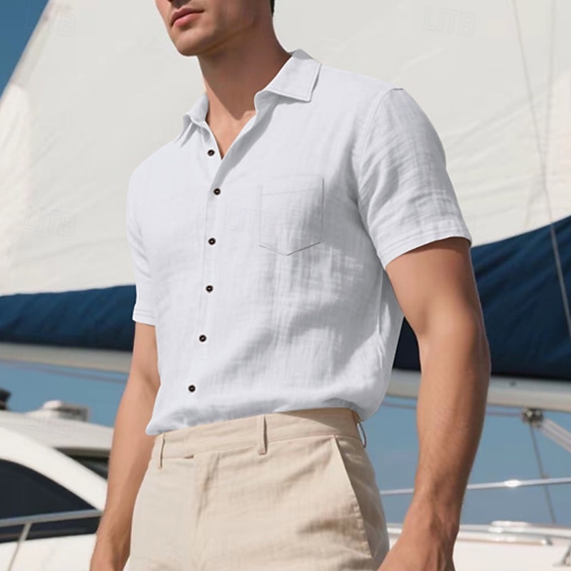 Men's Shirt Linen Shirt Casual Shirt Button Up Shirt Cotton Shirt Plain Vacation Street Black White Khaki Army Green Short Sleeve Turndown Summer Clothing Apparel Front Pocket2