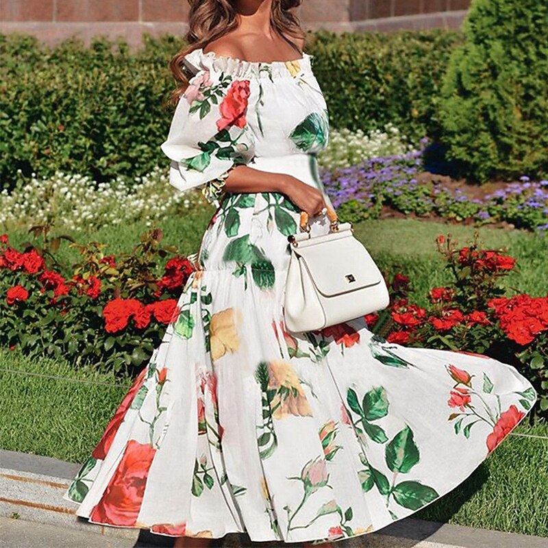 Women's Long Dress Maxi Dress Cocktail Dress Print Dress Fashion Modern Outdoor Vacation Tea Party Regular Fit Flower Short Sleeve Off Shoulder White Summer3