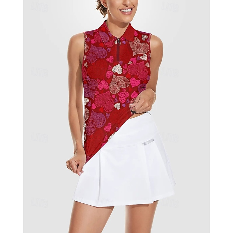 Women's Heart Tennis Shirt Sleeveless Print UPF50+ Quick Dry Tennis Golf Badminton Zip Collar Tee Tshirt Top Red Tennis Clothing4