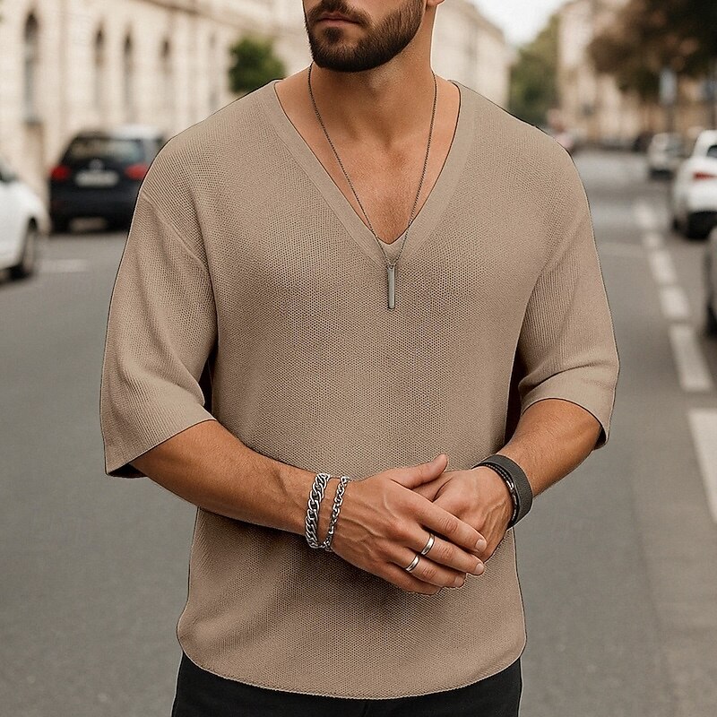Men's T Shirt Tee Short Sleeve Shirt Tee Top Short Sleeve V Neck Summer Plain Fashion Designer Basic Classic Vacation Street Going out Black White Brown Top Tee for Men