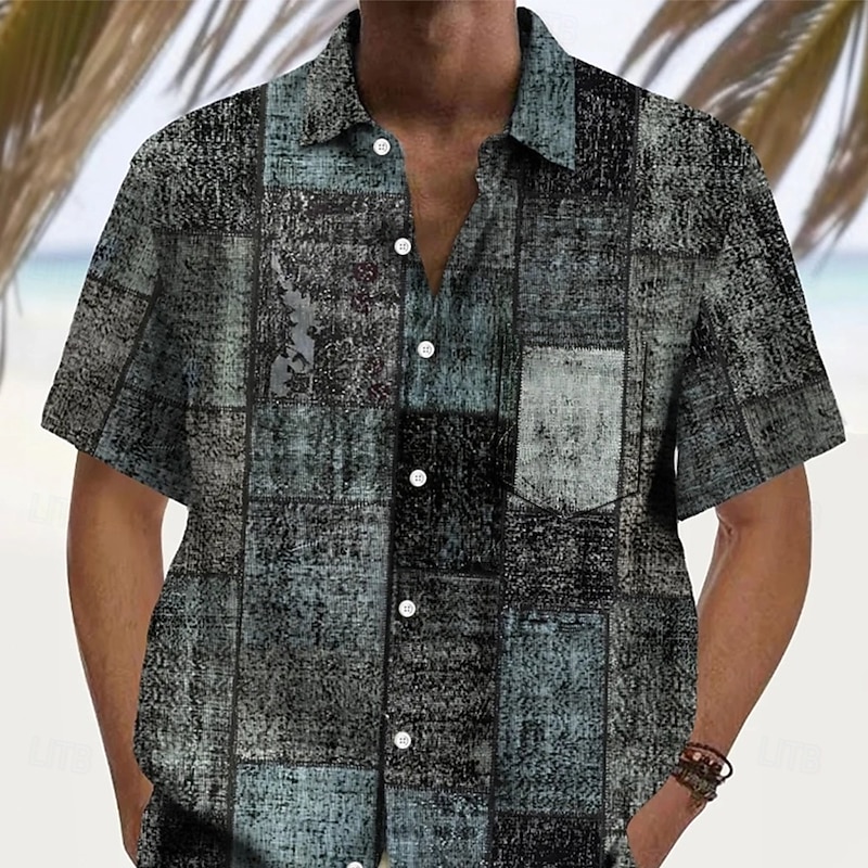 Men's Geometric Color Block Patchwork Shirt Summer Shirt Button Up Shirt Short Sleeve Fashion Casual Vacation Holiday Streetwear Summer Turndown 3D Print Front One Pocket Linen Like Shirt Dark Blue4