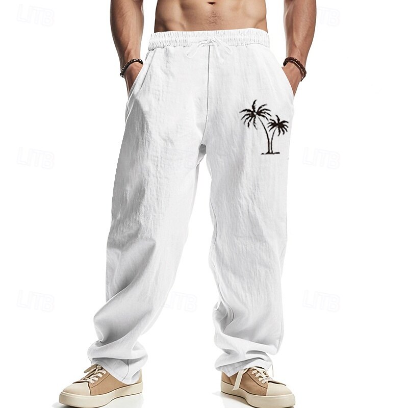 Men's Linen Pants Trousers Summer Pants Beach Pants Pocket Drawstring Elastic Waist Coconut Tree Comfort Breathable Vacation Daily Holiday Hawaiian Boho Black White2