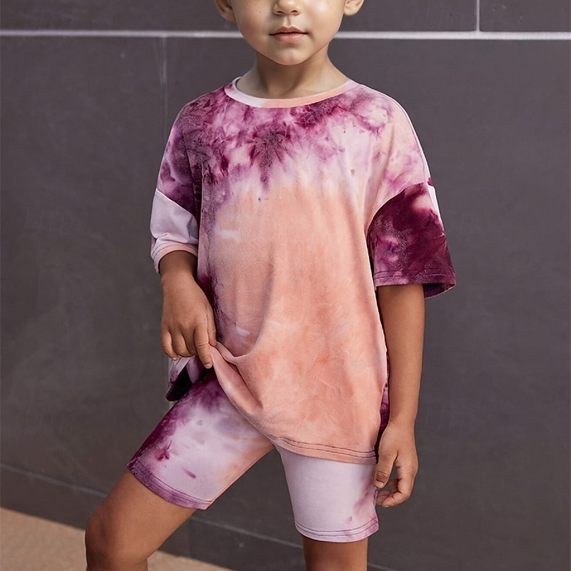 2 Pieces Kids Girls' Tie Dye Crewneck T-shirt & Shorts Set Short Sleeve Fashion Outdoor 4 years+ Summer Purple