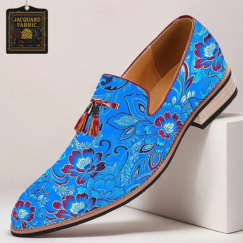 Men's Loafers Blue Jacquard Fabric Slip-On Shoes with Floral Pattern and Tassel Details for Formal Events and Parties